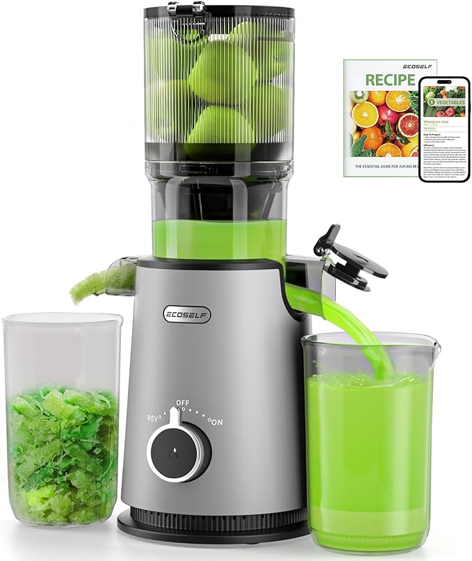 Cold Press Juicer, ECOSELF Juicer Machines with Large Feed Chute Fit Whole Fruits & Vegetables, Self Feeding for Juice Extractor Machine, Easy to Clean and Assemble, High Juice Yield