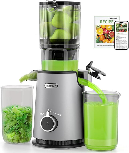Cold Press Juicer, ECOSELF Juicer Machines with Large Feed Chute Fit Whole Fruits & Vegetables, Self Feeding for Juice Extractor Machine, Easy to Clean and Assemble, High Juice Yield