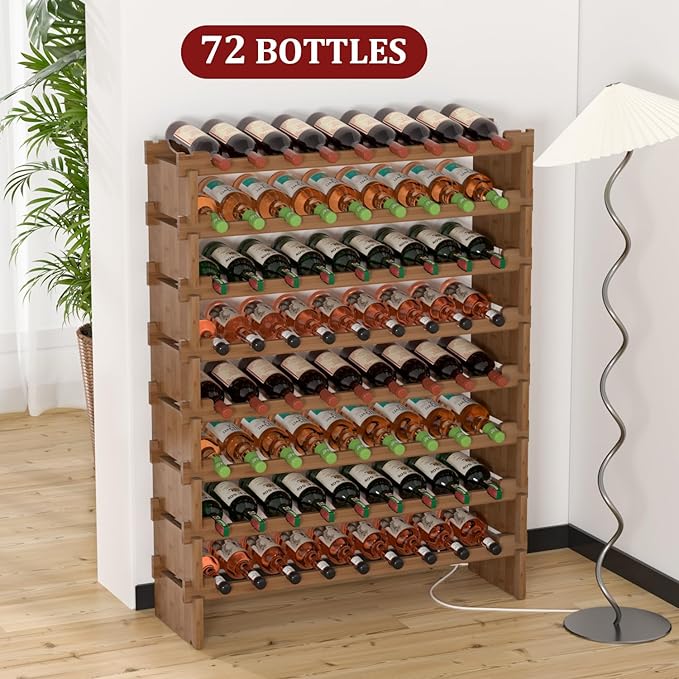 Domax Wine Rack Freestanding Floor - 72 Wine Bottle Holder 8 Tier Stackable Bamboo Wooden Storage Racks for Kitchen, Bar, Pantry and Cellar (Walnut)