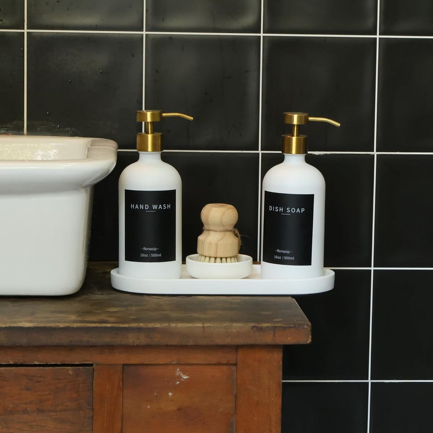 Set of 5 Kitchen Soap Dispenser Set 16 Oz Glass Hand Dish Soap Dispenser with Stainless Steel Pump, Cement Tray, Dish Scrub Brush for Farmhouse Rustic Home Bathroom Decor (White)