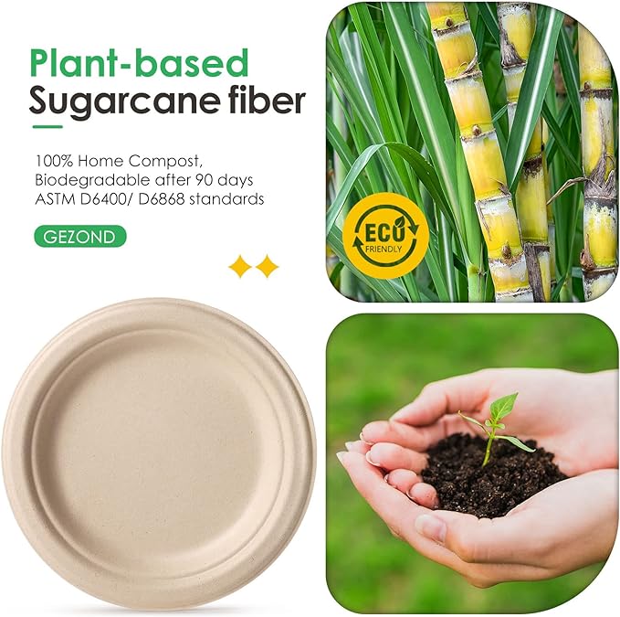 Gezond 100% Compostable Paper Plates 7 Inch, 150pcs Disposable Heavy-Duty Plates Unbleached Biodegradable Plate Made of Sugarcane Fiber