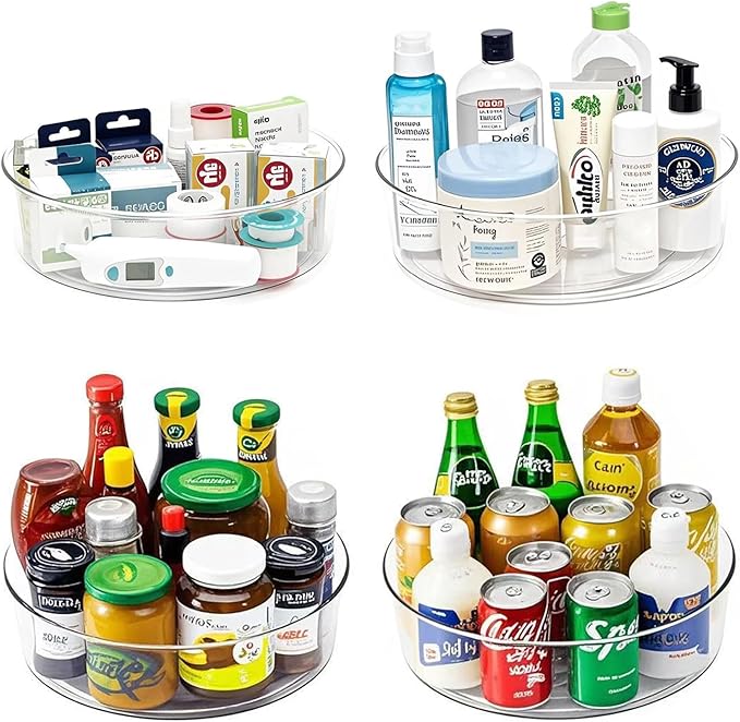 4 Pack Lazy Susan 11.5" Inch Turntable Organizer Organization Storage Container Bins Spice Rack Cabinet Rotating Condiment for Pantry Countertop Kitchen Vanity Bathroom Jewelry Holder Clear