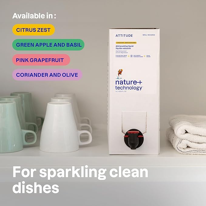 ATTITUDE Dish Soap Refill, EWG Verified, Plant-Based & Vegan Dishwashing Liquid, Naturally Derived, Citrus Zest Scent, 135.3 Fl Oz