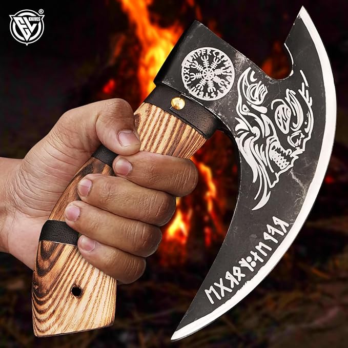 Edgelandknives® Multipurpose Viking Pizza Axe with Sheath, Viking Butcher Axe, Viking Pizza Cutter Axe - Burned Wood Handle & Heavy Duty Viking Skull Head - Perfect for Cutting Pizza, Meat, Vegetables