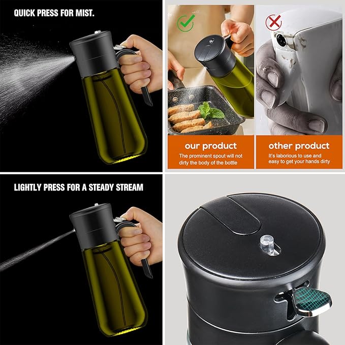 Glass Olive Oil Dispenser for Kitchen, 2 In 1 Oil Dispenser Bottle & Oil Sprayer for Cooking, Auto Flip Cap, 18oz Black (Light Blockage)