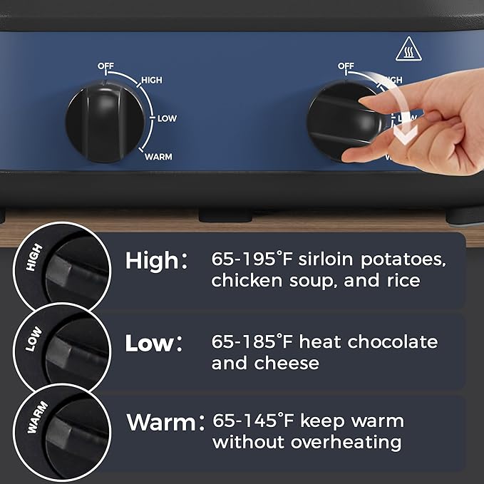 Kiss the Water Dual Slow Cooker, Buffet Server and Warmer with 2 Removable Ceramic Pots, Slow Cooker Food Warmer with 3 Adjustable Temp & 2 Visible Glass Lids, Stainless Steel, 2 x 1.25 QT, Blue