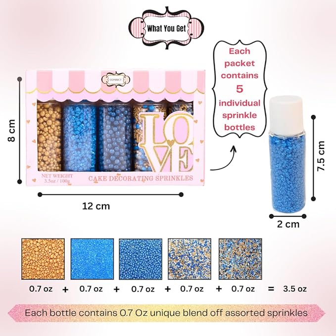 Confect Edible Sprinkles – Marine Royalty Theme – Assorted Pack with Navy Blue & Champagne Gold Dragees, Gold Jimmies & Bright Blue Sparkling Sugar – Sprinkles for Cake Decorating- Vegan, Gluten-Free, Nut-Free, Soy-Free, Dairy-Free, Palm Oil-Free-5 Oz