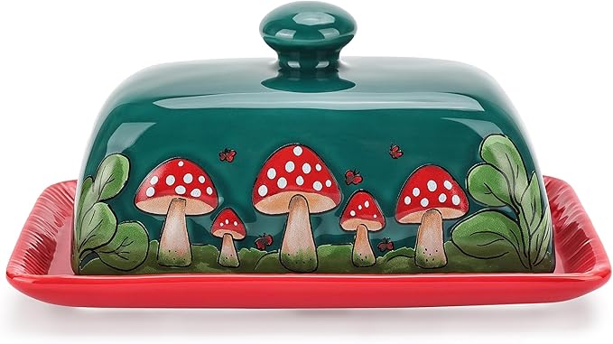 Fungi Fun Mushroom Butter Dish With Lid For Countertop Ceramic Butterdish, Red Mushroom Butter Container, Butter Tray Large Butter Dish Covered (Dark Green, Standard)