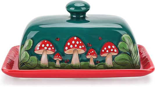 Fungi Fun Mushroom Butter Dish With Lid For Countertop Ceramic Butterdish, Red Mushroom Butter Container, Butter Tray Large Butter Dish Covered (Dark Green, Standard)
