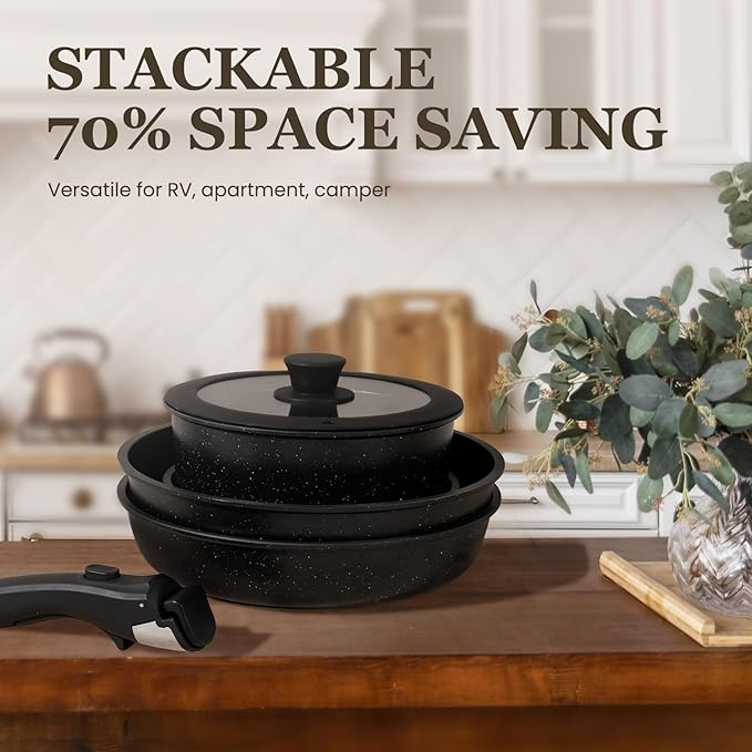 KIKCOIN Pots and Pans Set, 27 Pack Nonstick Cookware Set Detachable Handle, Induction RV Kitchen Cooking Set with Removable Handle, Frying Pans, Casserole - Dishwasher/Oven Safe, PFOA Free