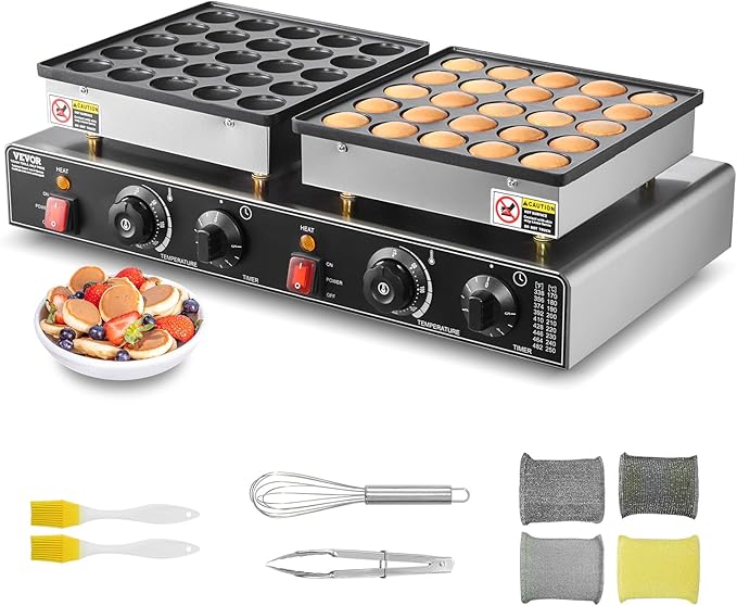 VEVOR 50PCS Mini Dutch Pancake Maker, Non-stick Stainless Steel Dorayaki Baker, 1800W Commercial Electric Poffertjes Grill Pan, Dual Temp & Time Control, for Kitchen Restaurant Breakfast Dessert