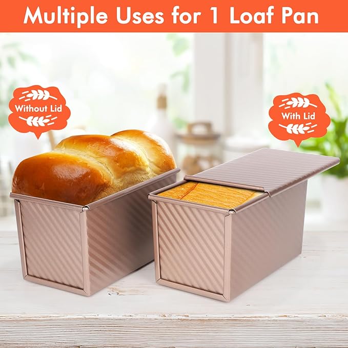 Beasea Pullman Loaf Pan with Lid, 2 Pack 1 lb Non-Stick Bread Loaf Pans Carbon Steel Bread Toast Box with Cover for Homemade Bakeware Bread Toast Oven Baking - Rose Gold