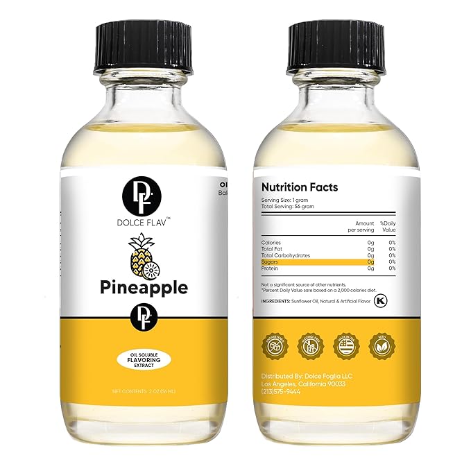 Dolce Flav Pineapple Extract – 2 Ounce Oil-Soluble Kosher, Sugar-Free, Concentrated Tropical Flavor for Candy, Chocolates & Desserts, Includes Measured Dropper