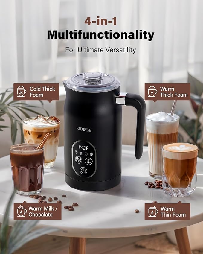 4-in-1 Electric Milk Frother and Steamer, Milk Steamer with Auto Temperature Control, Warm & Cold Foam Maker, Fast Frother for Coffee, Latte, Hot Chocolate, Cappuccino, Macchiato, Black