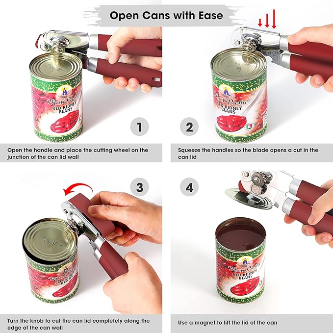 Beneno Can Opener Manual with Magnet, Hand Held Heavy Duty Can Opener with Durable Sharp Blade Smooth Edge, Big Effort-Saving Knob, Soft Grip Rubber Handle, Multifunctional Bottle Opener, Red