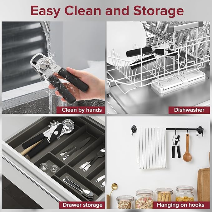 Can Opener Manual w/Magnet - Heavy Duty Hand Held Can Openers & Bottle Opener, Sharp Blade, Smooth Edge on Cans, Soft Grip Rubber Handle, Effortless Turn Knob for Seniors and Arthritis, Black