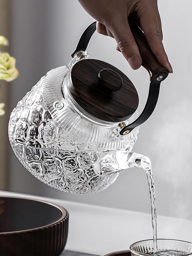 IwaiLoft Stovetop Safe Glass Teapot with Malus Spectabilis Pattern Removable Infuser Fine Borosilicate Tea Pot perfect for Fruit Flowering Tea Canister Premium Quality Tea Kettle Gift(Transparent)