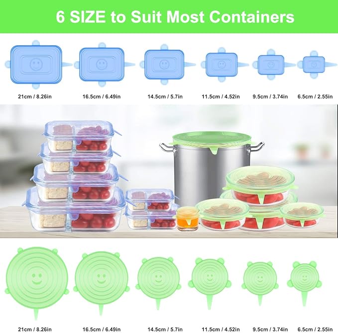 Silicone Stretch Lids, 12 Pack Silicone Lids, 6 Sizes BPA-free Silicone Bowl Covers Reusable for Cups, Bowls and Dish, Flexible, Round and Rectangle Fit 2.8” - 8.2” Container, Green & Blue