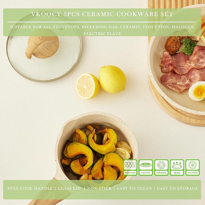 Pots and Pans Set Non Stick, Healthy Ceramic Cookware Set, 3pcs Kitchen Pots Frying Pan Saucepan, PFAS-Free, Cream