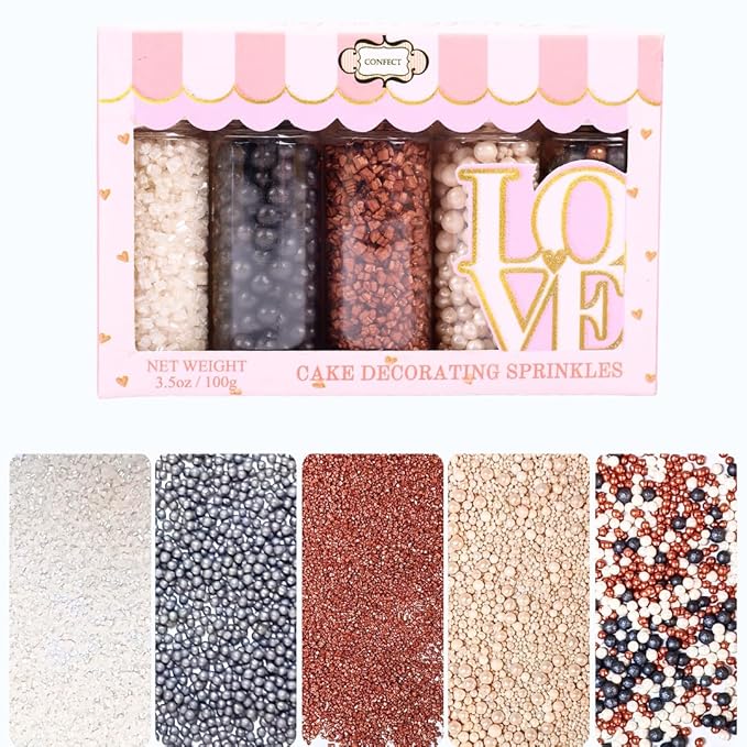 Sprinkles - Confect Sprinkles for Cakes & Cupcakes Decoration Assorted pack of 5 Starry Night Sprinkles Mix Black, White & Bronze Dragees Sparkling Sugar White & Bronze | Vegan, Gluten-Free, Nut-Free, Soy-Free, Dairy-Free, Palm Oil-Free- 5 Oz
