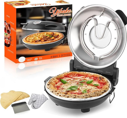 12" Electric Pizza Oven - Countertop Pizza Maker with Ceramic Stone, Heats up to 800°F, Portable Indoor Pizza Oven for Homemade Pizzas, Grey