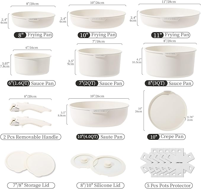 JEETEE Pots and Pans Set Non Stick 19 Pcs, Cookware Set Detachable Handle, RV Kitchen Cooking Set Removable Handles, Stackable Non-stick Set, Oven Safe, Beige