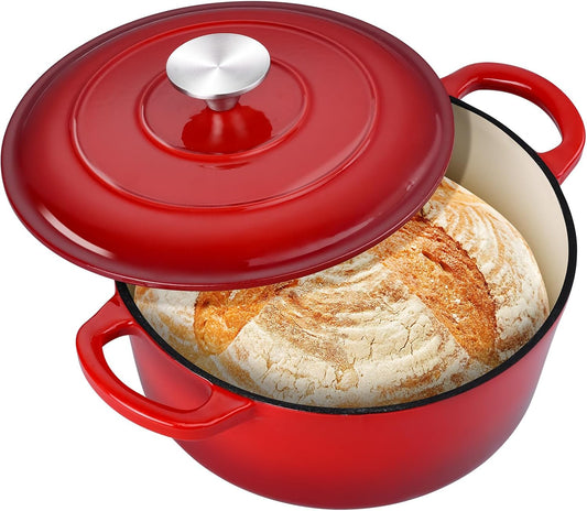 3QT Dutch Oven Pot with Lid, Leonyo 3 Quart Enameled Cast Iron Dutch Oven for Sourdough Bread Baking, Heavy Duty Cookware for Braising, Stews, Roasting, Red
