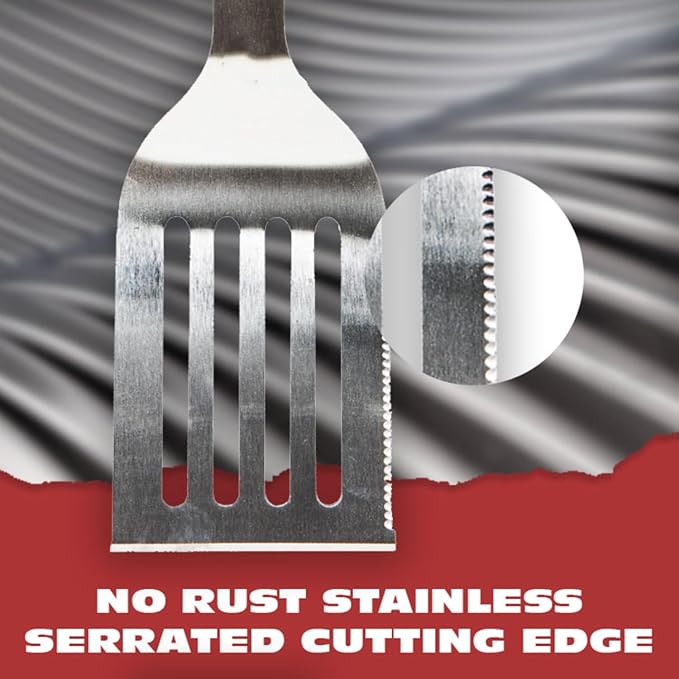 BBQ-AID Pro BBQ Metal Spatula - 17" Barbecue Spatula Stainless Steel with Serrated Knife Edge - Acacia Wood Handle - Heavy Duty Built to Last