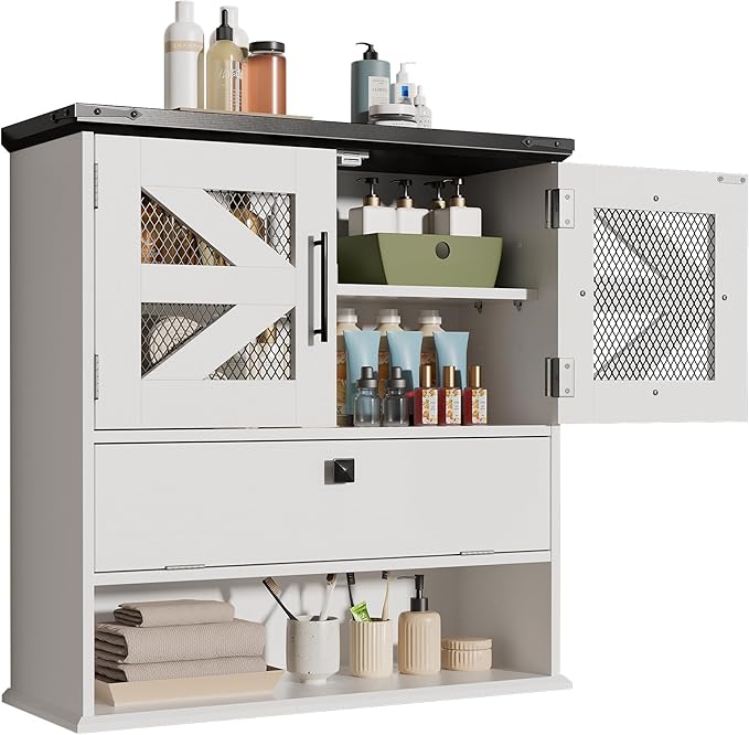 Wall Mounted Bathroom Cabinet with Double Doors, Flip-Down Storage and Open Shelf, Modern White Finish, Over-The-Toilet Space Saver Cabinet