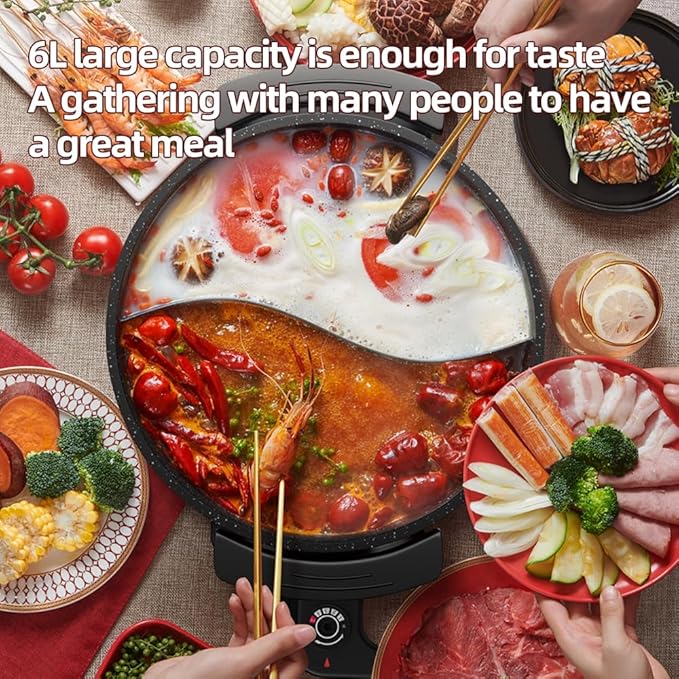 AORAN 6L Electric Hot Pot, Non-Stick Smokeless Cooking Pot with Divider for Hot Pot, Fondue, Shabu Shabu, Multi-Function, Includes Ladle, Tongs, Oil Brush, Food Tongs, Easy to Clean Black