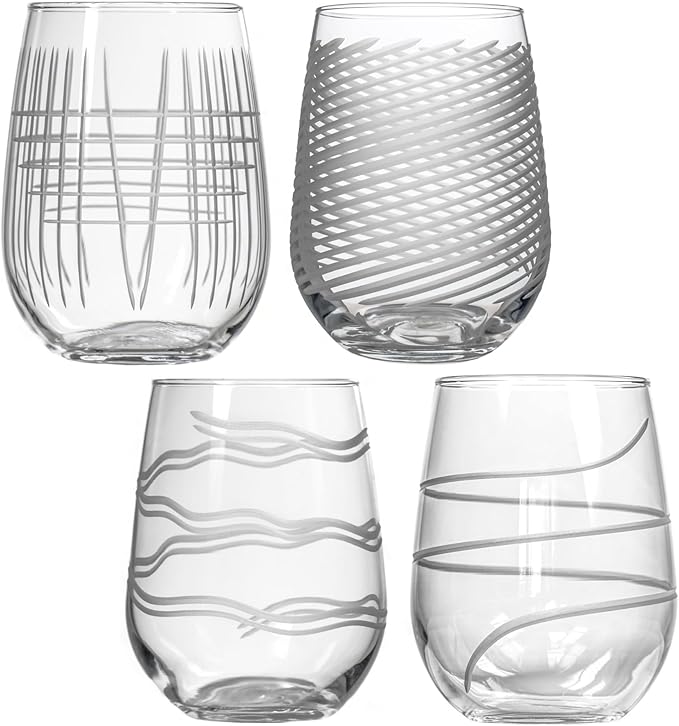 Rolf Glass Symmetry Stemless Wine Glass| 17oz Stemless Tumblers | Proudly Made in the USA | Lead-Free and Diamond-Wheel Engraved | Set of 4