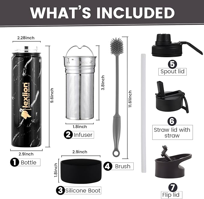 lexlion Tea Infuser Bottle - Fruit Infuser Water Bottles 22 Oz, Triple Walled Insulated Stainless Steel Bottle, Thermal Leaf Infuser, Silicone Sleeve, 3 Lids Leakproof, Metal Mug Gallon