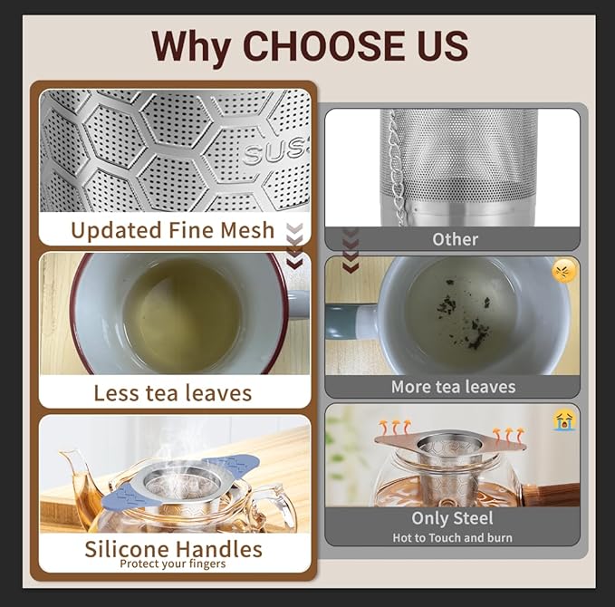 2PCS Tea Infuser for Loose Leaf Tea,Stainless Steel Tea Infuser with Heat Proof Silicone Handles,Extra Fine Mesh Tea Strainers Filter Fine Tea Leaves Effectively,Fits TeaPots/Mugs