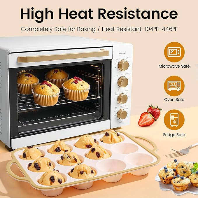 Silicone Muffin Pans for Baking 2 Pack, 2.6 Inch with Metal Reinforced Frame, Regular Size Nonstick Cupcake Pan 12 Cups for Baking Homemade Muffins, Dishwasher Safe BPA Free-Light Yellow