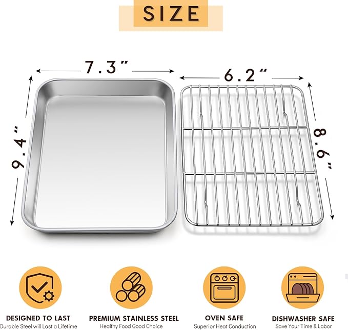 E-far Small Metal Toaster Oven Tray with Rack Set, 9.4”x7.3” Baking Sheet Broiling Pan with Stainless Steel Wire Cooling Rack, Non-Toxic Compact Bakeware for Toaster Oven - Dishwasher Safe