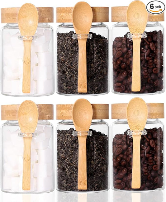 16 OZ Tea Jars Screw Top for Loose Tea, Set of 6 Loose Leaf Container Airtight, Glass Jars with Screw on Lids and Spoons, Overnight Oats Containers with Lids