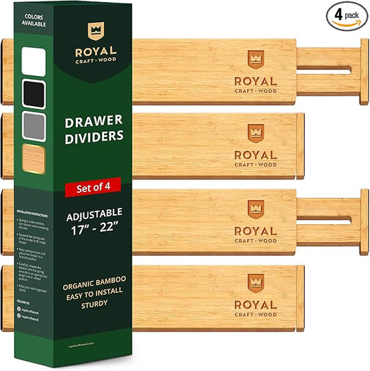 Drawer Divider and Organizer for Kitchen Organization - Adjustable Bamboo Drawer Dividers Organizers (17 - 22") - 4-Pack Expandable Drawer Organization Separators for Kitchen, Bedroom & More, Natural