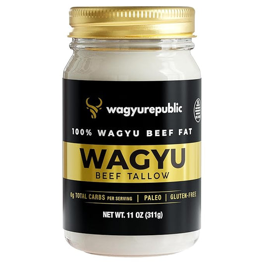 Wagyu Republic Beef Tallow ⎸11oz Glass Jar, Grass Fed Wagyu Beef Tallow, Great for Cooking Steak or as Tallow Balm ⎸ Keto, Gluten Free Protein Snacks for Adults, Perfect for Whole 30 or Carnivore Diet