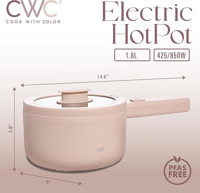 COOK WITH COLOR Electric Hot Pot, 1.6L Mini Cooker, 700W Power, Non-Stick Surface, Thermal Cut-Out Protection, Perfect for Rice, Noodles, Soups, Stews, Dorms, Apartments, and Small Kitchens, Blush