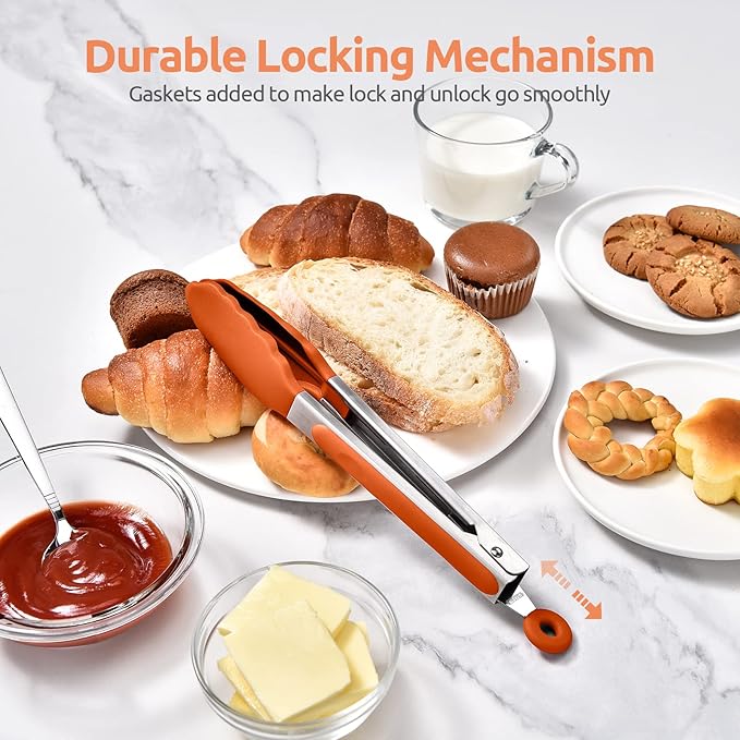 Heat Resistant Silicone Kitchen Tong: U-Taste 9 inch 480ºF Hot Proof Cooking Tong with Firm Sealed Non Stick Rubber Tips & Silicon Coated Steel Handle & Smooth Locking for Serving Grill Salad (Orange)