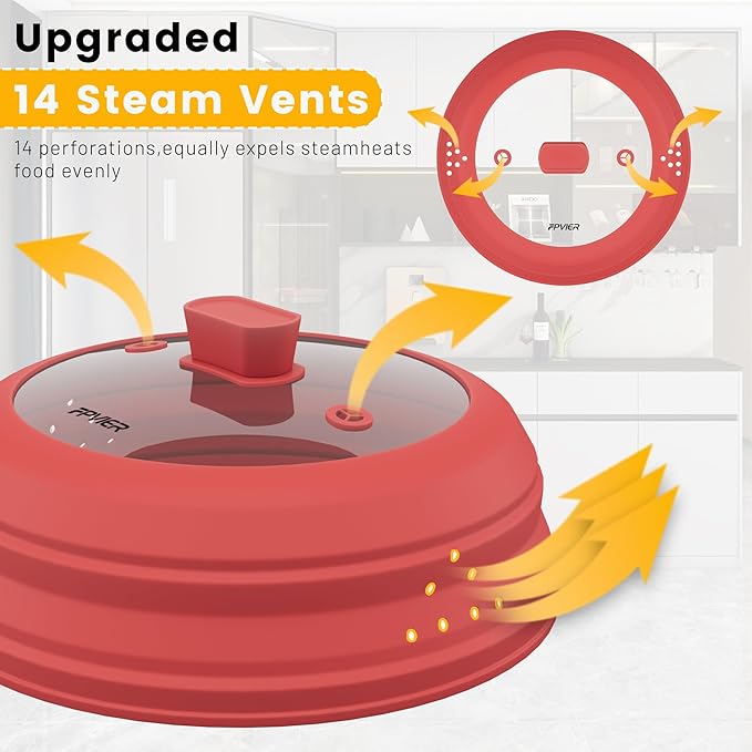 Microwave Splatter Cover, Vented Silicone and Glass Cover Splatter Guard Lid, Food Collapsible Plate Cover Lid with Easy Grip Handle. (Red, 11.8 inch)