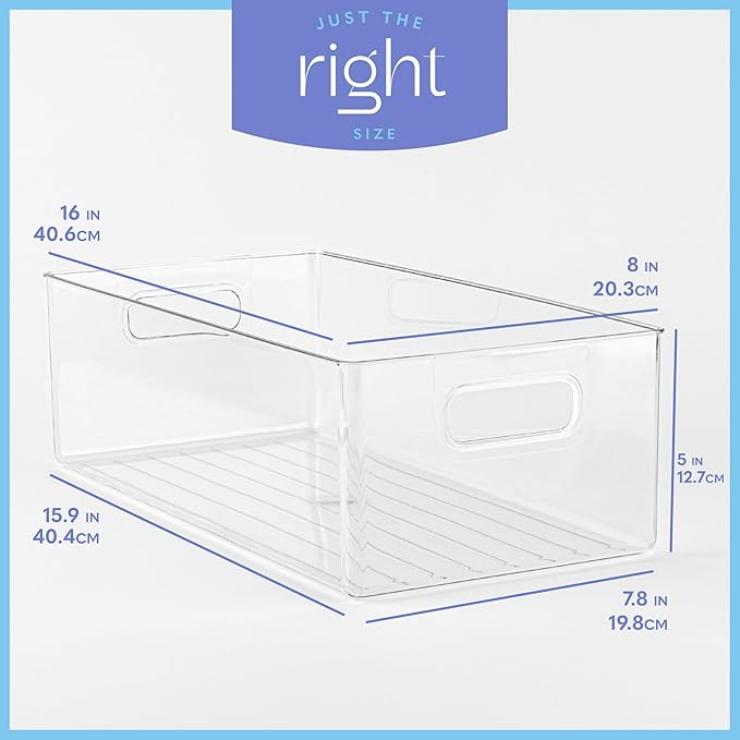 Plastic Food Storage 4 Pack Clear Container Bin with Handles for Organizing Kitchen, Pantry, Refrigerator, Freezer, Pantry, Cabinet, Closet, Bathroom. 16”x8”x5”