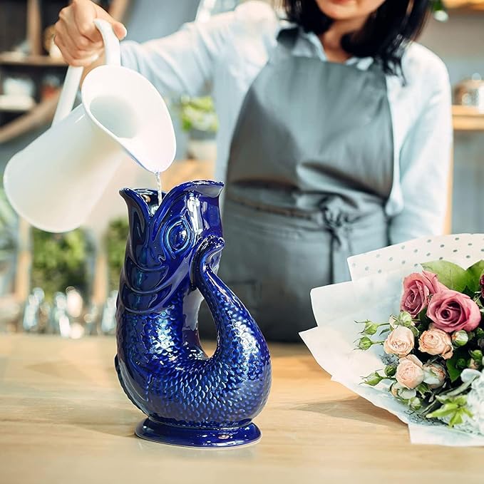 Gurgle Glug Jug The Bubble Jug® Dark Cobalt Blue 50 fl oz 1.5L Litre Extra Large Pitcher - Fish Shaped Jug - Decorative Ceramic Glugging Cocktail, Water and Gin Vase and Gurgling Carafe Pot