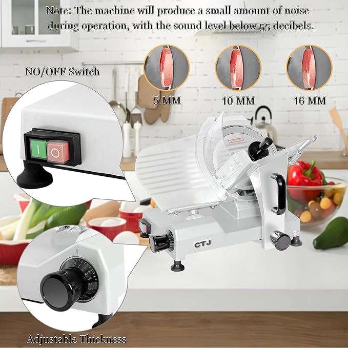 CTJ Commercial Meat Slicer 12" Electric Deli Slicers 250W Meat Cutter Machine (0-0.62") Adjustable Thickness Food Slicer with Cut-Resistant Gloves for Vegetables, Hard Bread, Cheese, Ham