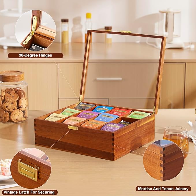 Tea Bag Organizer, Acacia Wood Tea Organizer Box, 12 Compartments Tea Organizer for Tea Bags with Clear Glass Window, Tea Bag Holder for Countertop Kitchen Cabinet Pantry - Keeps Tea Bags Fresh