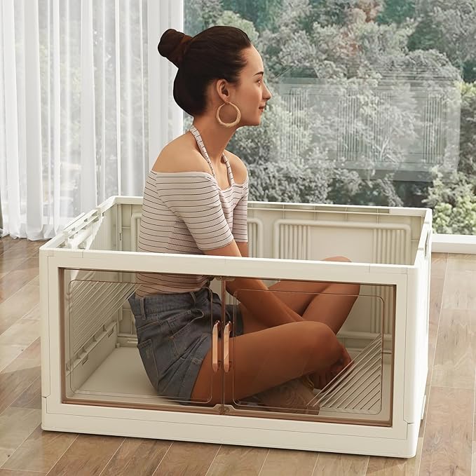 KHNR 4Packs Stackable Storage Bins with Lid, 36 Gal Closet Organizer and Storaging Drawer, Collapsible Storage Box with Wheels, Plastic Clothes Storage Cabinet Containers for Home and Office