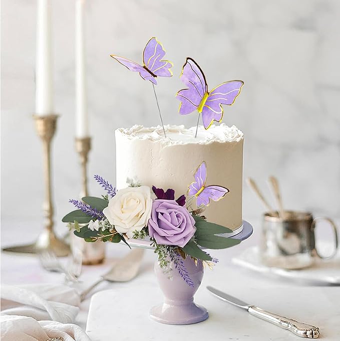 Rinlong 3Pcs Pre-made Purple Cake Flowers Decorations Flower Cake Topper Butterfly Cake Decorating Flowers for Wedding Sweet 16 Birthday Girl