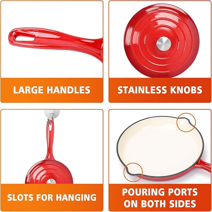 Hisencn Enameled Cast Iron Cookware Set - 7 Piece Dutch Ovens Set, Sauce Pan, Skillet, 3 Lids, Pots and Pans Set, Ceramic Coated Cast Iron, Heavy Duty, Gas/Induction Compatible, PFA Free, Rouge Red