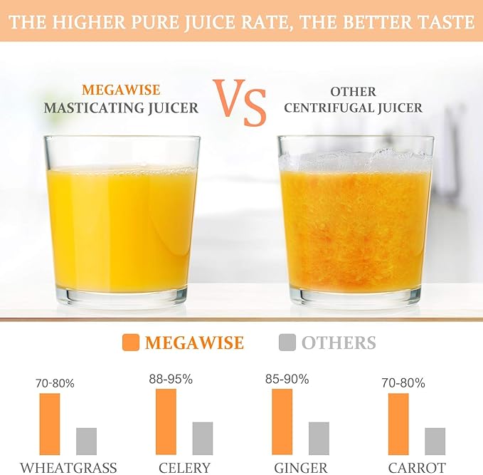 MegaWise Pro 2025 Updated Slow Masticating Juicer, 95% Juice Yield, 2-Speed & 9-Segment Spiral Cold Press, for Vegetables Fruits Nuts, Enhanced Nutrition Better Taste
