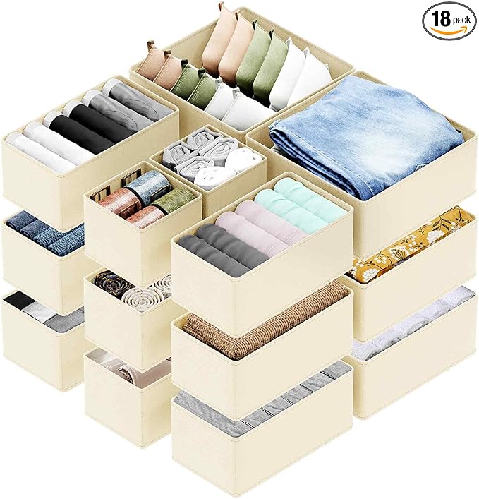 SpaceAid Drawer Organizer for Clothes, 18 Pack Dresser Drawer Organizer Bins, Closet Organizers and Storage Dividers for Clothing, Underwears, Socks (Beige)